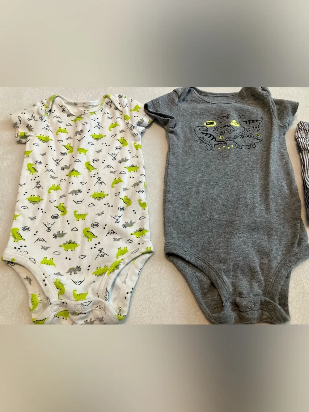 White and Gray Onesies with Dinosaur Print and Striped Shorts